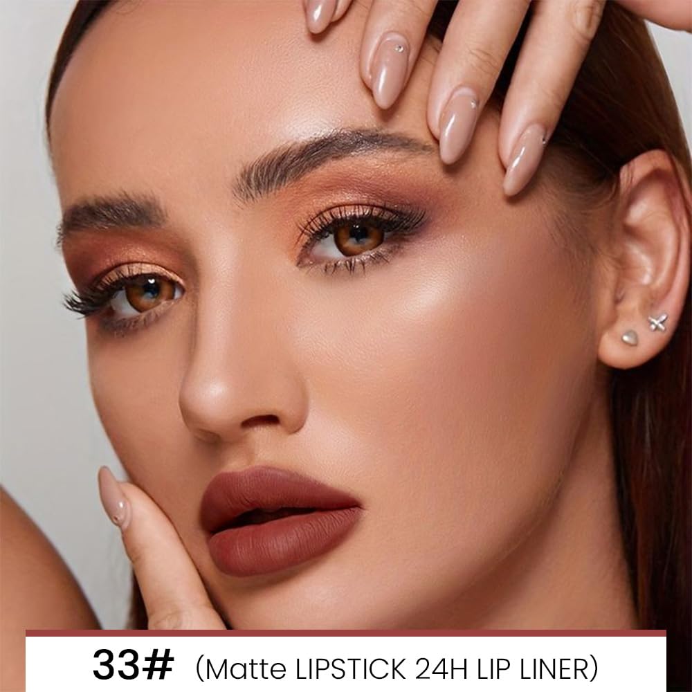 evpct 1Pcs Matte Lip Liner and Lipstick Combo Set Kit for Women, Magic Neutral Lipsticks 24 Hours Original Lipstick and Lips Liner Pencil Stain Gloss Makeup Long Lasting Waterproof, 33# MORE TAUPE