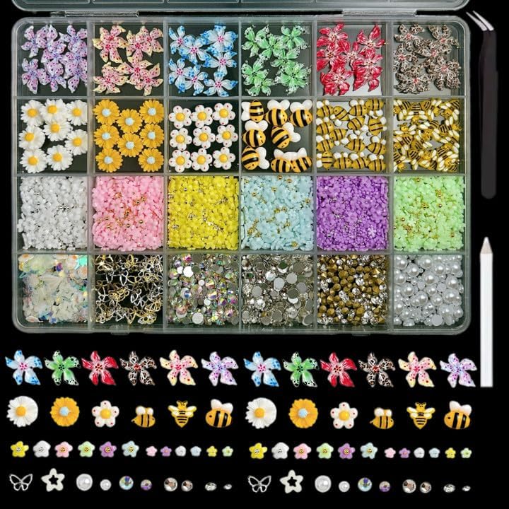 Flowers Nail Charms and Gems, Cute 3D Bee Daisy Hawaii Flowers Nail Art Charms for Acrylic Nails, Gold Silver Butterfly Nail Rhinestone and Charms,White Flatback Pearl Nail Charms Manicure DIY Crafts