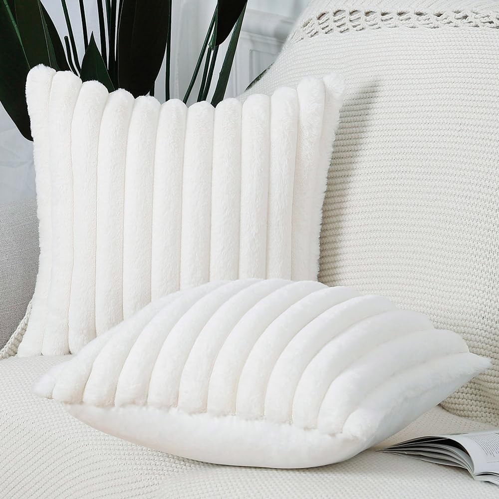 MADIZZ Set of 2 Faux Wool Plush Decorative Throw Pillow Covers 24x24 Inch Cream Fluffy Striped Soft Decorative Cushion Cover for Sofa Bedroom Pillow Shell