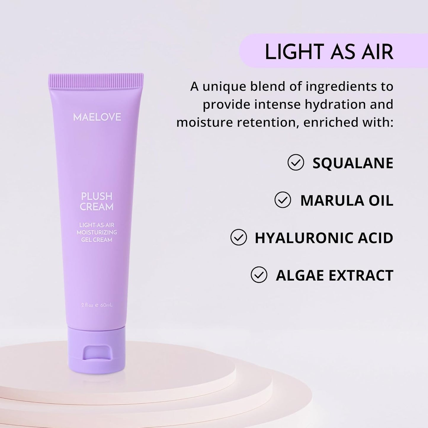 MAELOVE Plush Cream Lightweight Moisturizer, Unscented Hydrating Face Cream with Squalane, Hyaluronic Acid, For Oily and Sensitive Skin, Vegan, Made in USA, 2.0 fl oz