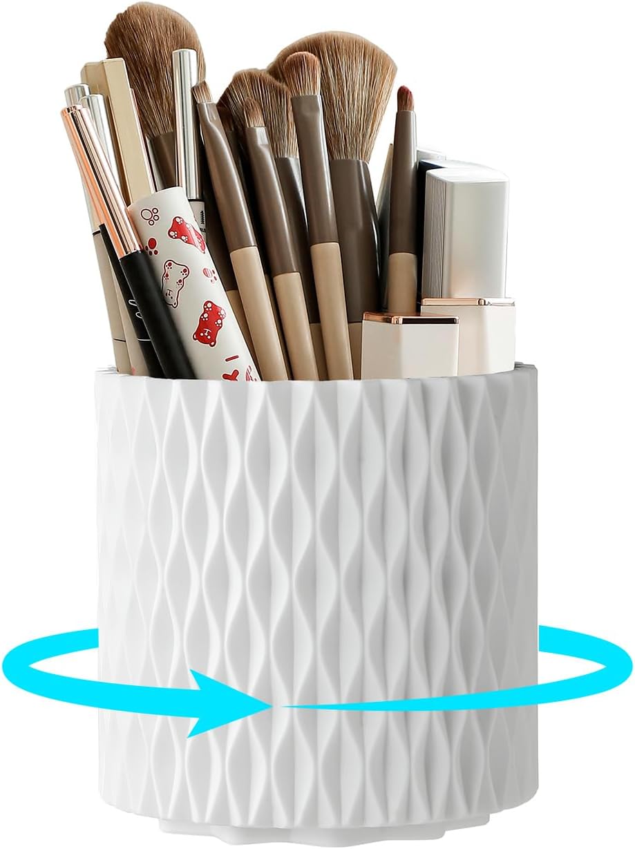 Makeup Brush Holder Organizer - 360° Rotating Makeup Brush Organizer 5 Slot Make up Brushes Cup for Cosmetics, Lipsticks, Bathroom Vanity Desktop Storage (White)