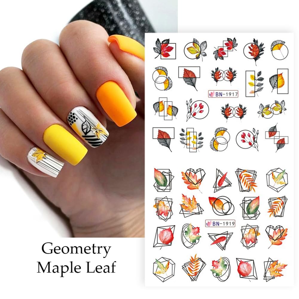 Fall Maple Leaf Nail Art Stickers Autumn Nail Art Water Decals Transfer Nail Supplies Maple Leaves Turkey Pumpkin Design Slider Sticker for Women Acrylic Nail Fall Thanksgiving Nail Decorations 12 PCS