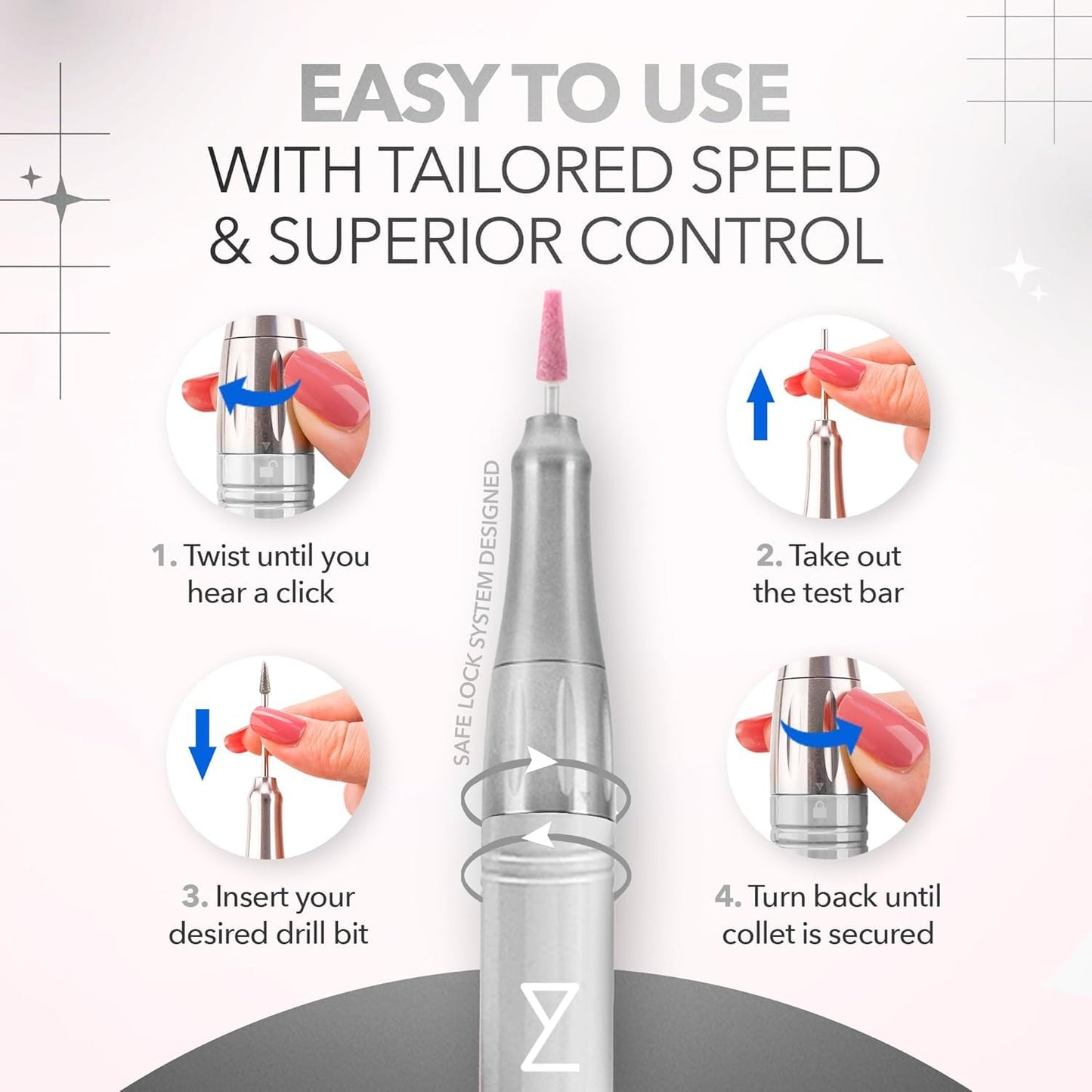 M Mase- Professional Nail Drill Machine - Coreless 2-in-1 Nail File - Electric, Cordless, 35000 RPM, HD Display - Electric Nail Drill for Professional & Home Use (Pink Gold)