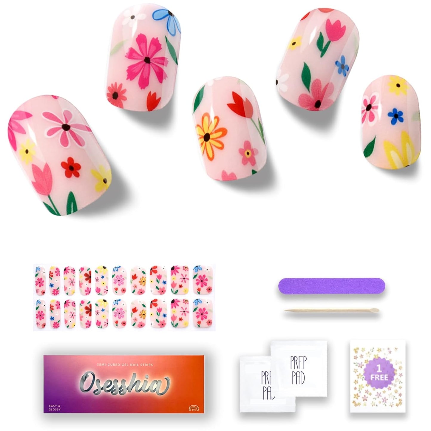 Semi Cured Gel Nail Strips, 20 pcs Nail Wraps, Glaze Stickers, Salon Quality French Manicure, Full Decal Gel Polish Strips, Long Lasting SCG, Easy on, UV Required (Flower Confetti)