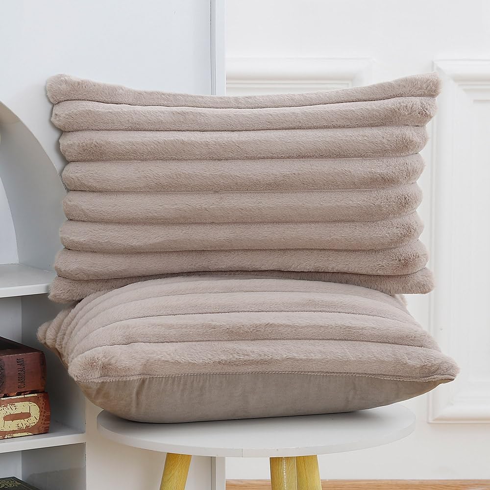 MADIZZ Set of 2 Faux Wool Plush Decorative Throw Pillow Covers 12x20 Inch Taupe Fluffy Striped Soft Decorative Cushion Cover for Sofa Bedroom Pillow Shell