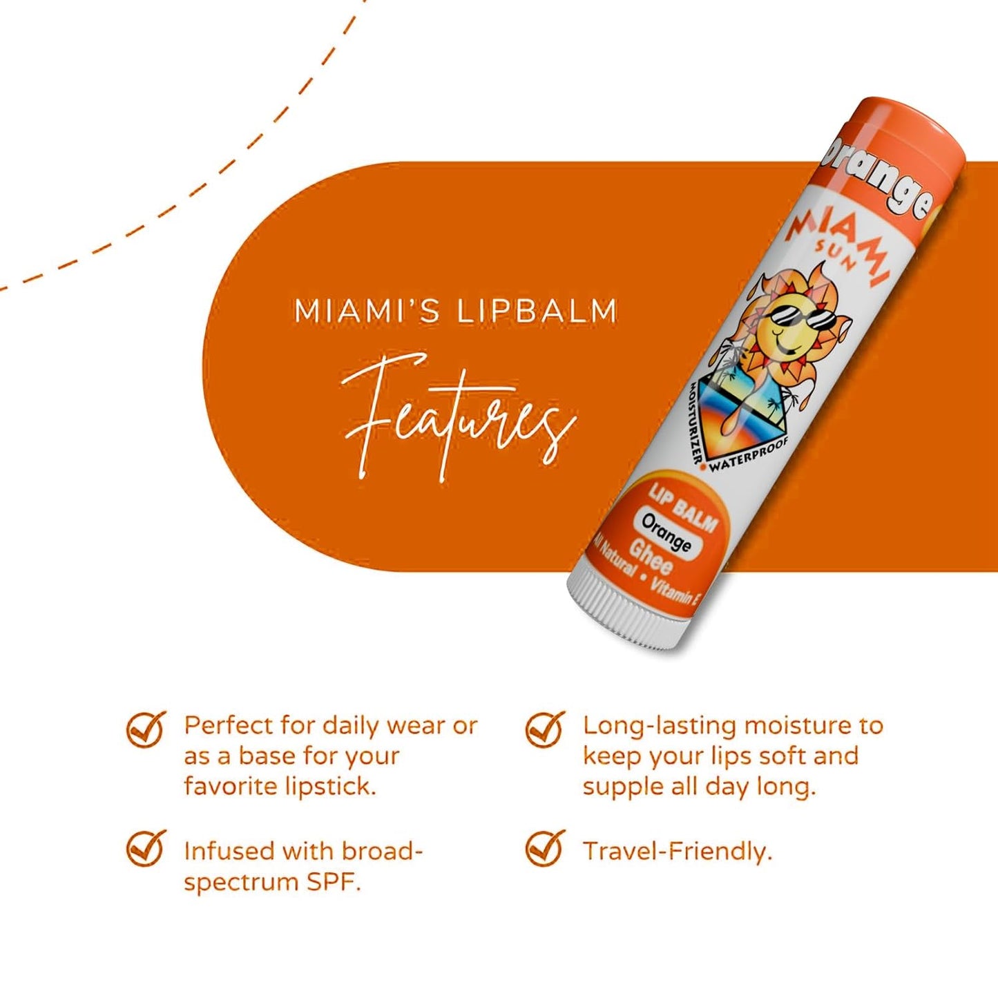 Miami Sun Natural Ghee Lip Balm, Hydrating Lip Treatment with Shea Butter & Beeswax, Organic & Non-Toxic, Best for Dry, Chapped Lips - Moisturizing, Healing, Chemical-Free Lip Repair (1 Count, Orange)