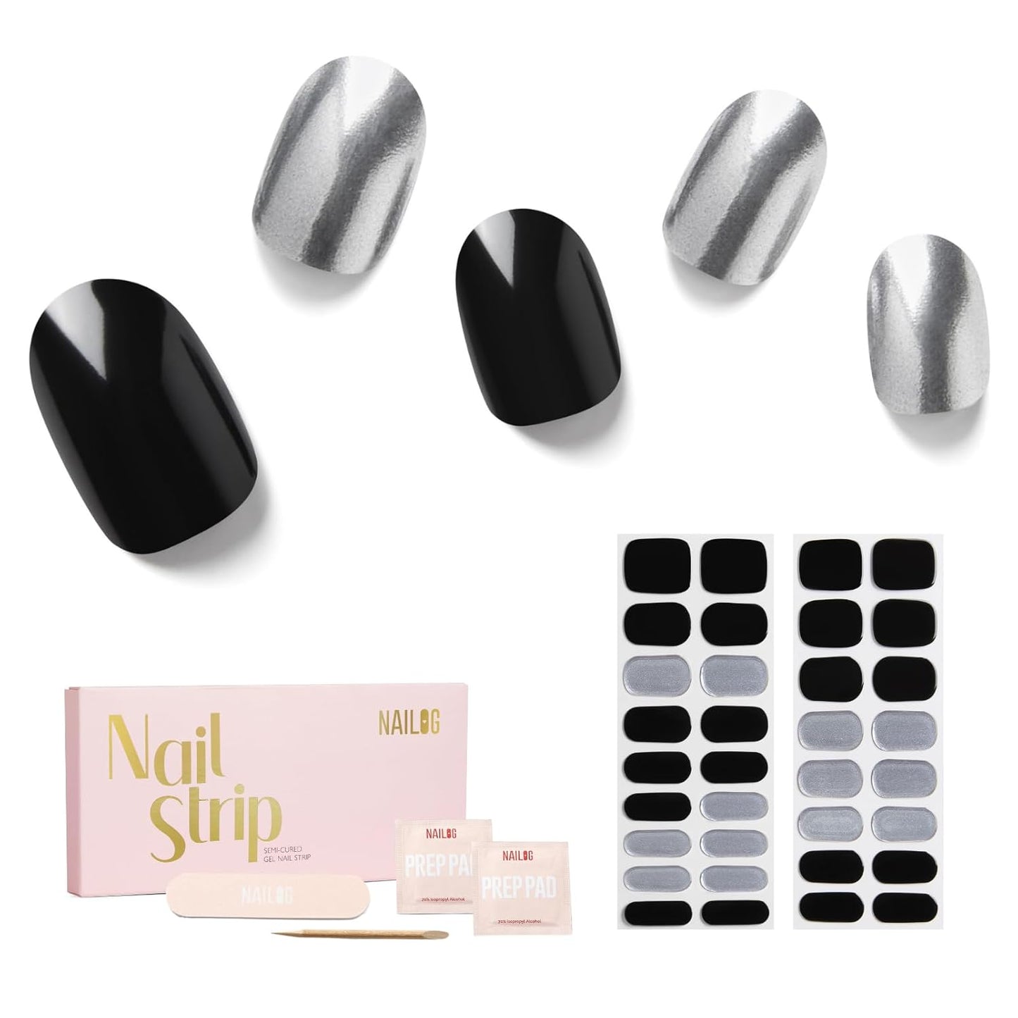 Semi Cured Gel Nail Strips - NAILOG 34 Pcs Silver Black Nail Stickers Extra Long Wraps with Glossy Gel Finishing for Autumn Winter, Reckless