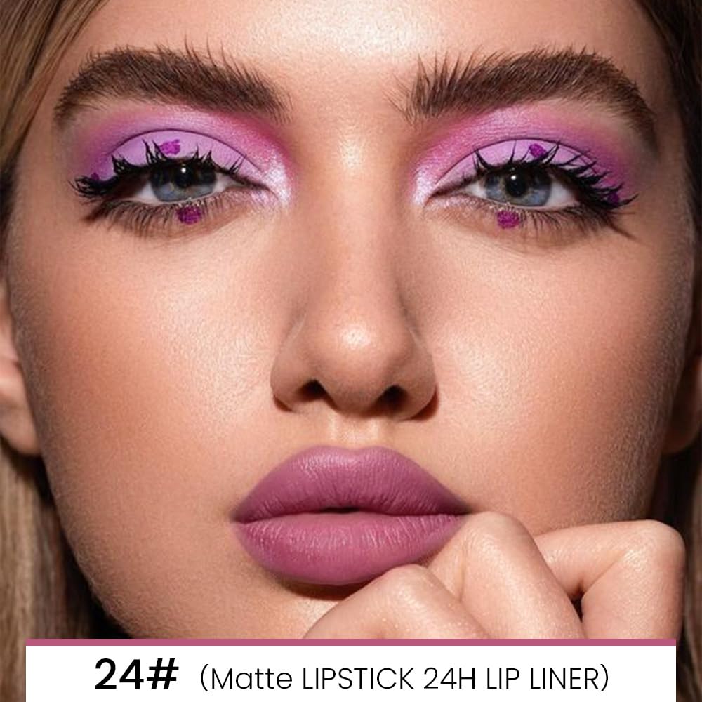 evpct 1Pcs Light Plum Rose Matte Lip Liner and Lipstick Combo Set Kit for Women, Magic Neutral Lipsticks 24 Hours Original Lipstick and Lips Liner Pencil Stain Makeup Long Lasting Waterproof, 24#