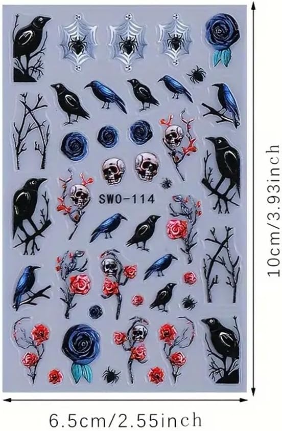 2Pcs Halloween 5D Nail Art Stickers - Black Red Roses Crow Skulls & Black Cats Nail Decals with Stars Design, Self-Adhesive Matte Finish for DIY Nail Decor, Punk Style Party Halloween Decorations