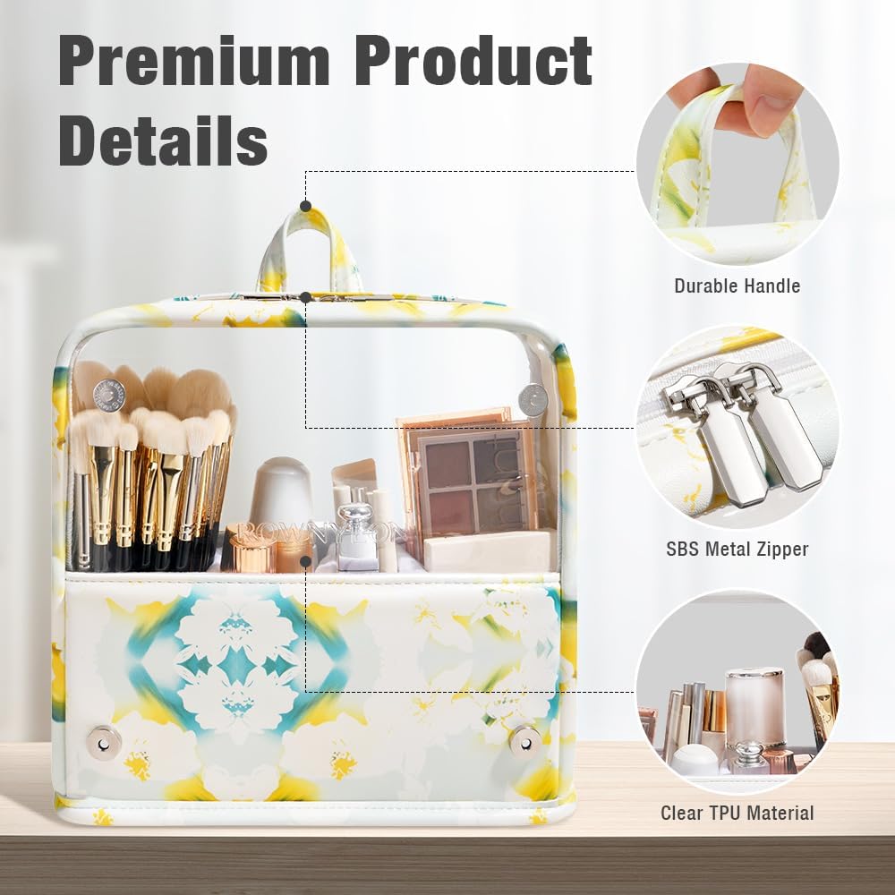 ROWNYEON Makeup Brush Bag, High Capacity Stand-Up Makeup Brush Holder, Travel Professional Cosmetic Bag Artist Organizer Bag Large Makeup Brush Case with Adjustable Divider (Brushes Not included)