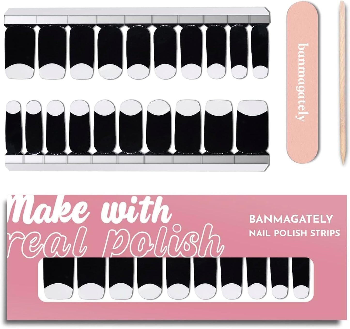 Nail Polish Strips, 20Pcs Salon Quality Gel Nail Stickers, Easy Long Lasting Wraps for Short Nails no UV Light Needed (Black and Tip White)