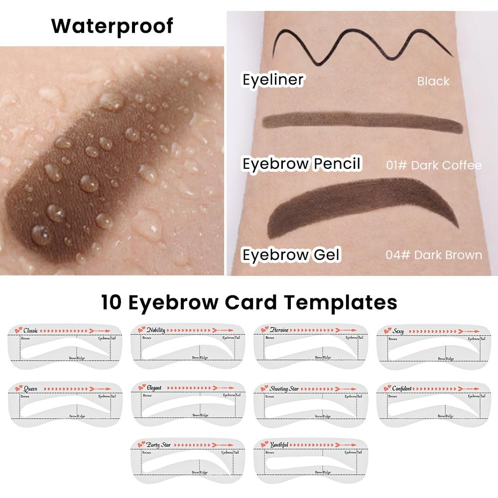 evpct Eyebrow Stencils Kit for Women Shaping, Eyebrow Shaper Makeup Kit, Eye Brow Stencil Shaper Tinting kits for Women, with Eyeliner, Eyebrows Pencil, Pomade, Brush and 10 Stencils, Kit04 DARK BROWN