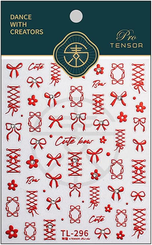 5D Embossed Red Bows Nail Stickers, Nail Art Sticker with Crystal Rhinestones Self-Adhesive Nail Decals for Women Nail Supplies Art Design Stickers (1, Red)