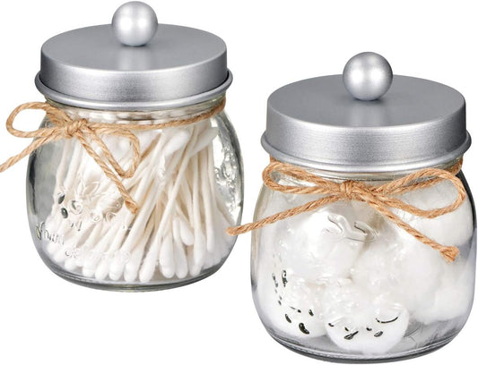 SheeChung 2 Pack Qtip Holder for Bathroom, Cotton Swab Holders, Cute Mason Jars Decor, Bathroom Decor and Accessories for Cotton Round Pads, Balls, Floss Pick - Frosted Silver