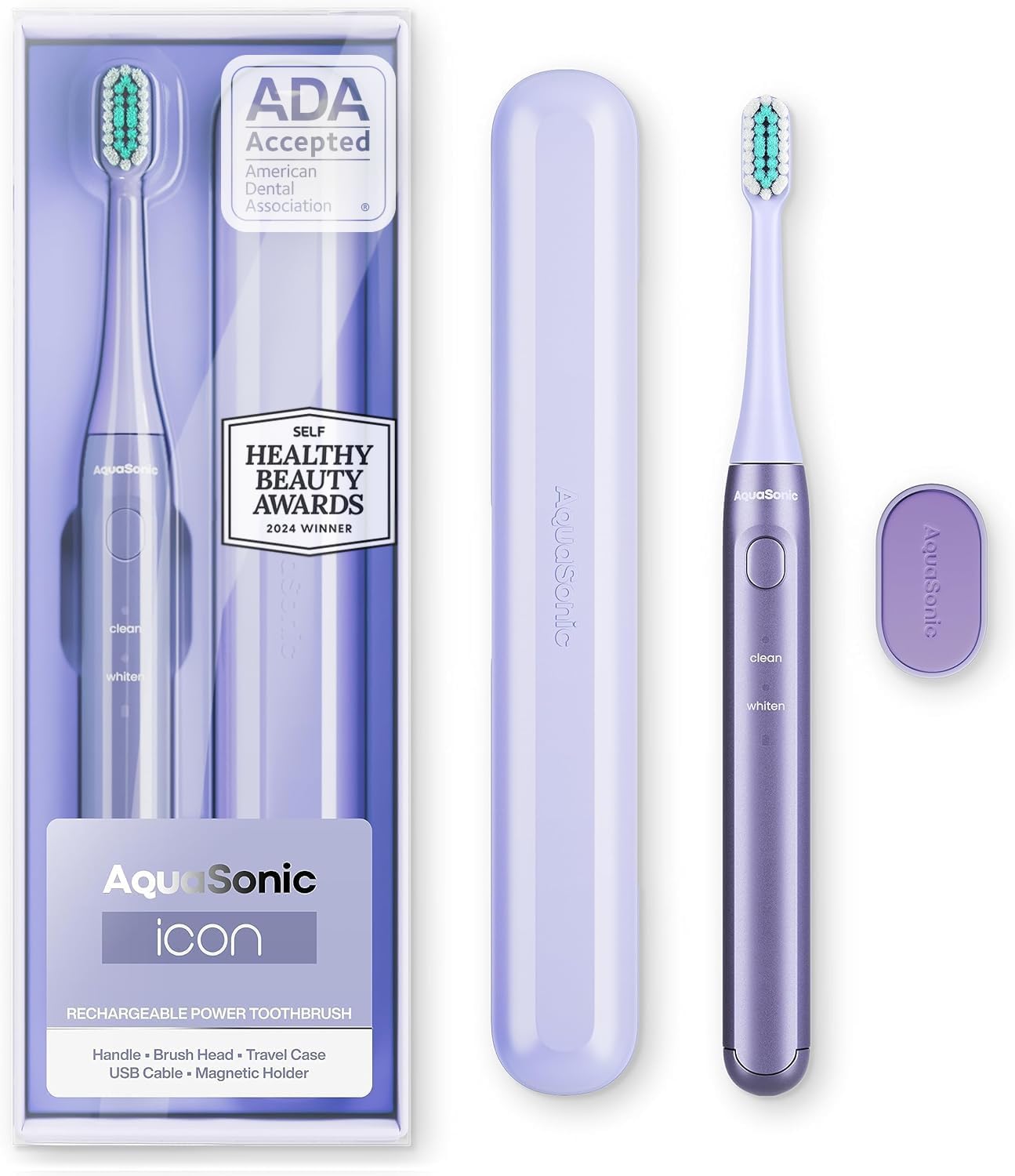Aquasonic Icon ADA-Accepted Rechargeable Toothbrush | Magnetic Holder & Slim Travel Case | 2 Brushing Modes & Smart Timers | Gentle Micro-Vibrations (Lilac)