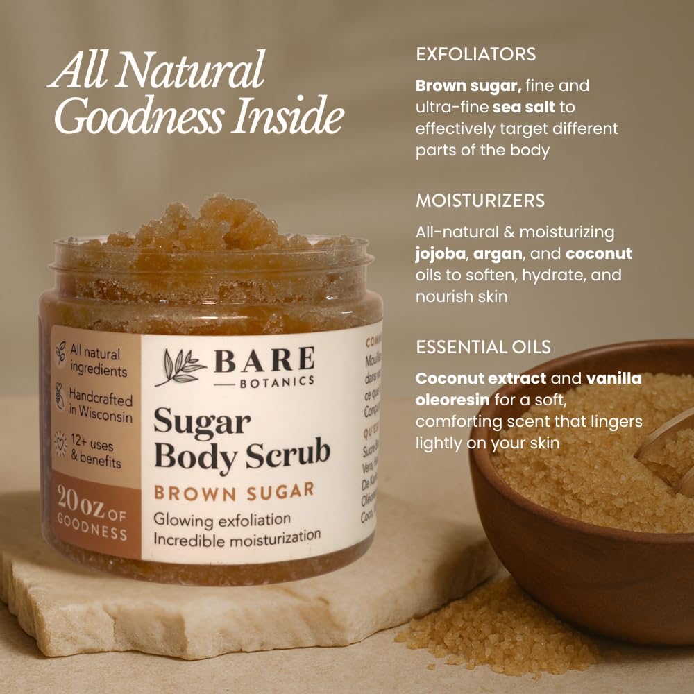 Bare Botanics Brown Sugar Body Scrub 20 oz - Naturally Scented Coconut Vanilla Sugar Scrub Made in Madison, WI - Formulated w/Skin Loving Moisturizers - Vegan, Cruelty Free w/a Cute Wooden Spoon