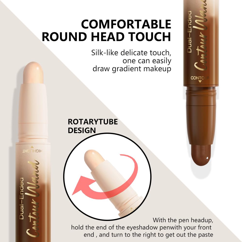 Dual-Ended 2-in-1 Cream Contour & Highlighter Stick – Waterproof, Long-Lasting for Face & Body Makeup, Suitable for All Skin Tones, 02#Nude + Light Beige