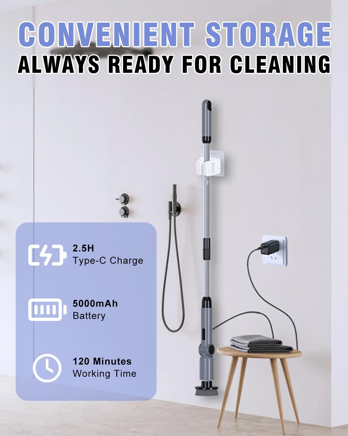 Electric Spin Scrubber, [IPX7 Waterproof ] [50KG Torque] Shower Scrubber with 9 Brush Heads, 2 Speed Mode, 4 Adjustable Angles, Electric Brush for Cleaning for Bathroom Floor Tile (Gray)