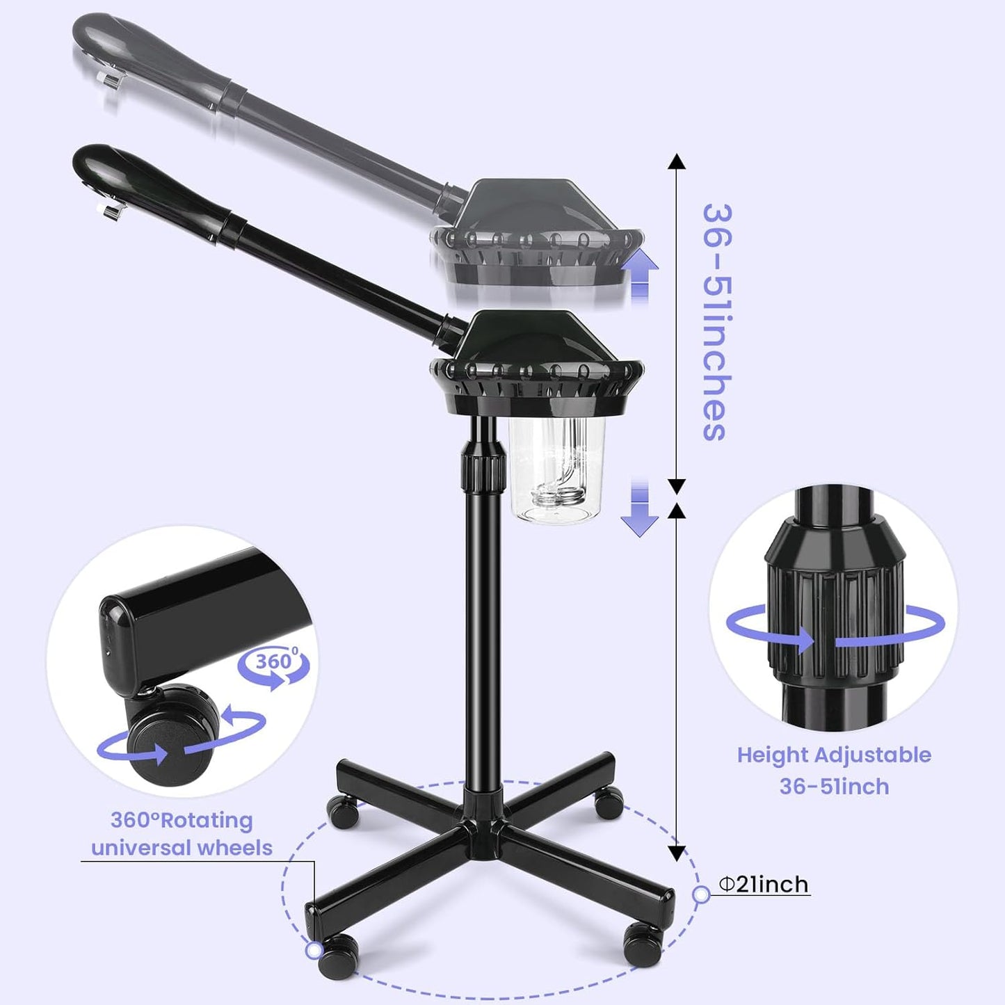 Professional Facial Steamer, Facial Steamer on Wheels, Face Steamer with Time Setting, Stand Face Steamer Adjustable Height for Spa, Salon and at Home use