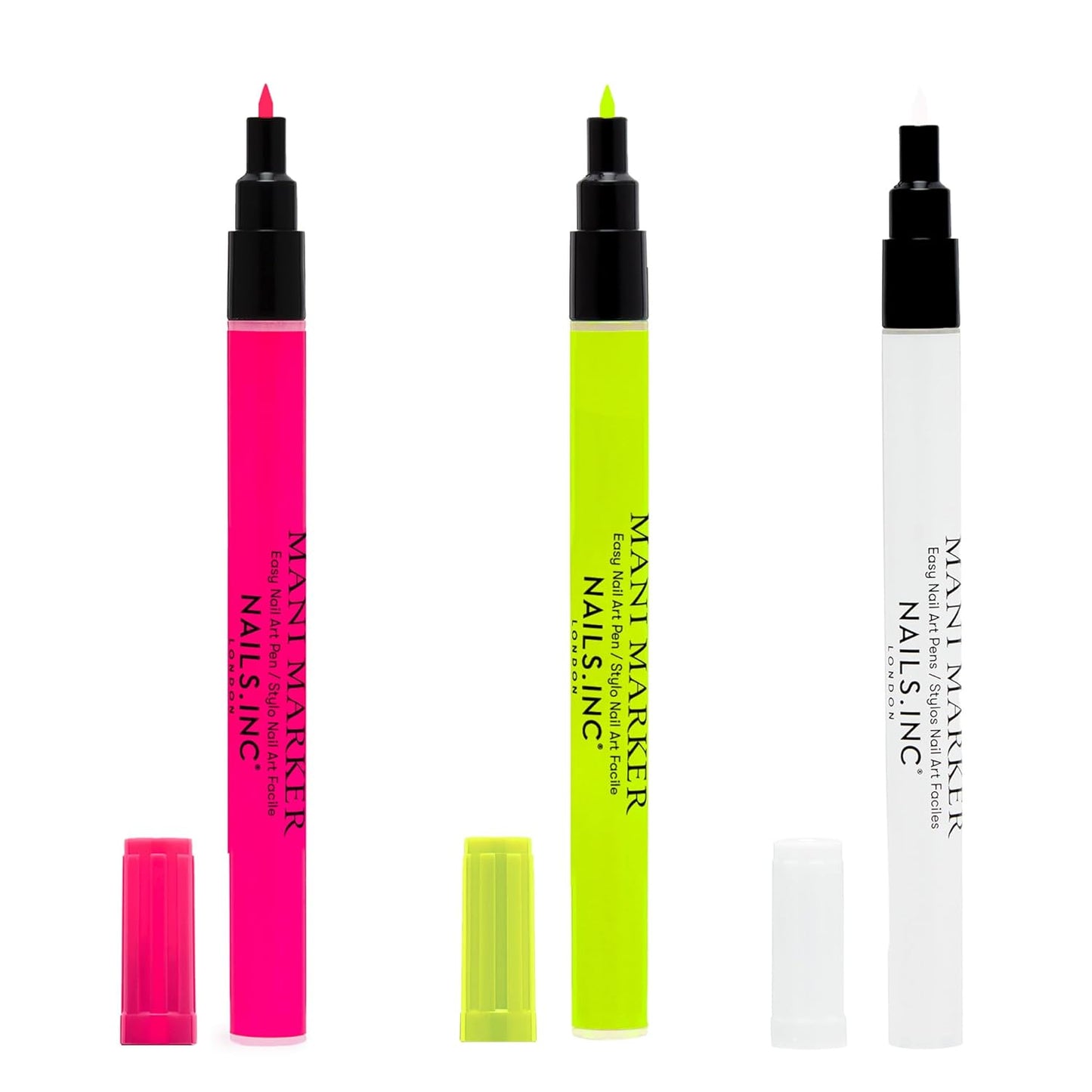 Nails Inc Neon Mani Marker Nail Art Pen Trio, DIY Nail Drawings, Fine Tip, Thin Brush, No Bleed, Manicure Tools, Drawing & Painting, Long Lasting, Vegan, Cruelty Free, Nail Art Pen, 3 Piece Set