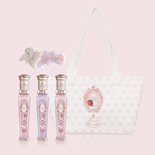 Flower Knows Violet Strawberry Rococo Glowy Lip Gloss 3-Piece Set,G01+G02+G03 with Canvas Tote Bag & Hair Clip,Moisturizing Lip Oil,Hydrating Lip Plumper Makeup for Girls & Women