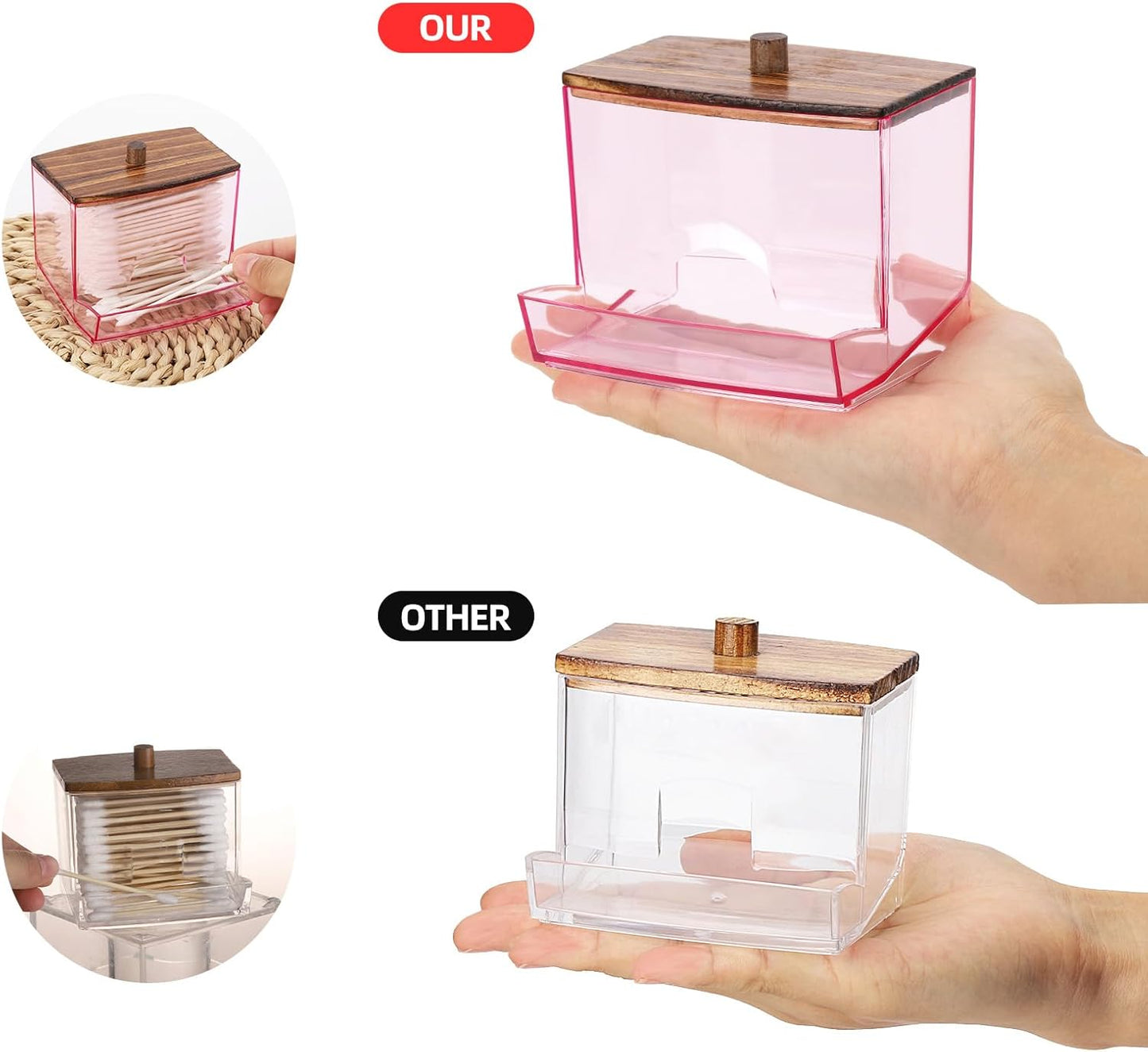 Tbestmax 10oz Qtip Dispenser, Big Cotton Swab Holder Pink Bathroom Accessories Organizer for Storage - Qtips Cotton Ball, Floss Container (Wood Lid)