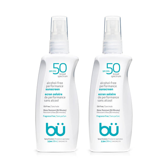 BU SPF 50 Sunscreen Spray for Face and Body, Fragrance Free, Clear Non Aeorsol, Non Greasy and Water Resistant (2-pack)