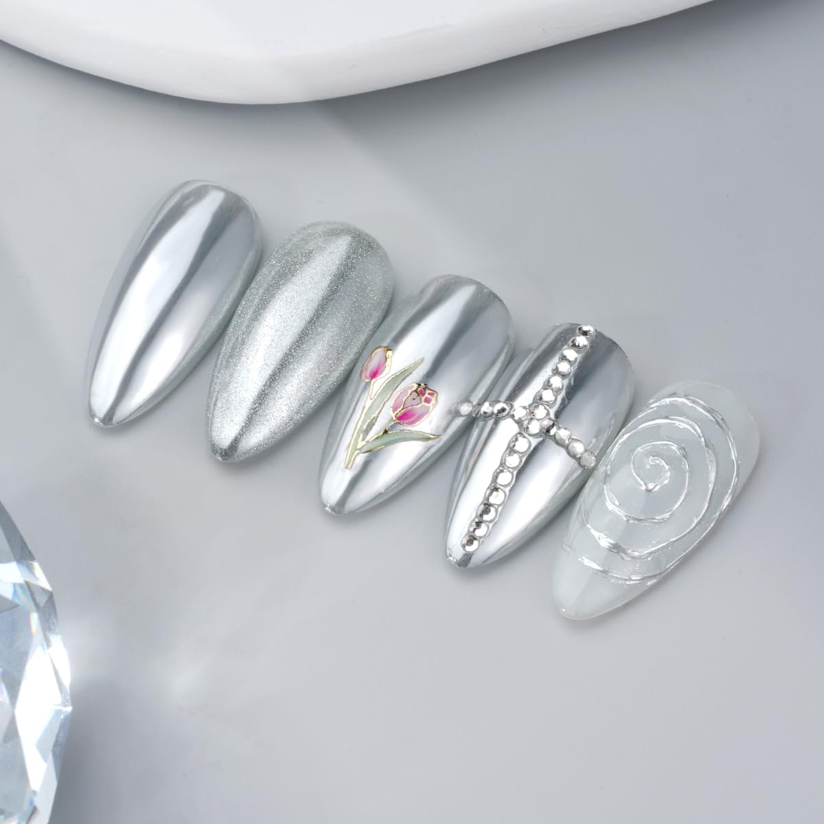 Pretty Diva Chrome Nail Powder - Silver Mirror Effect Nail Chrome Powders, Highlight Metallic Chrome Powder for Nail Art Pigment Chrome Powder for Nails (Silver, 1g)