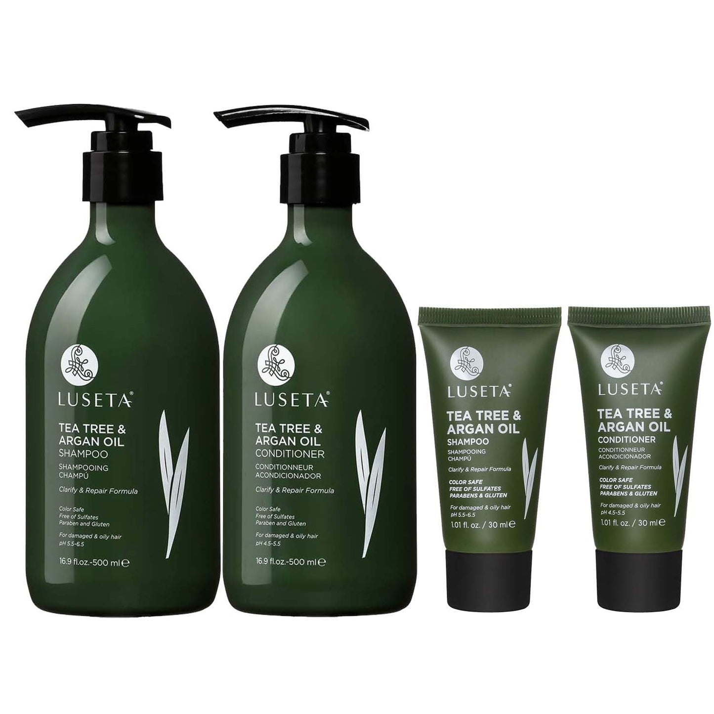 Luseta Tea Tree Shampoo and Conditioner Set - Full and Travel Size for Oily Hair, Clarifying Dandruff with Argan Oil Repair (2x16.9 fl oz + 2x1.01 fl oz)