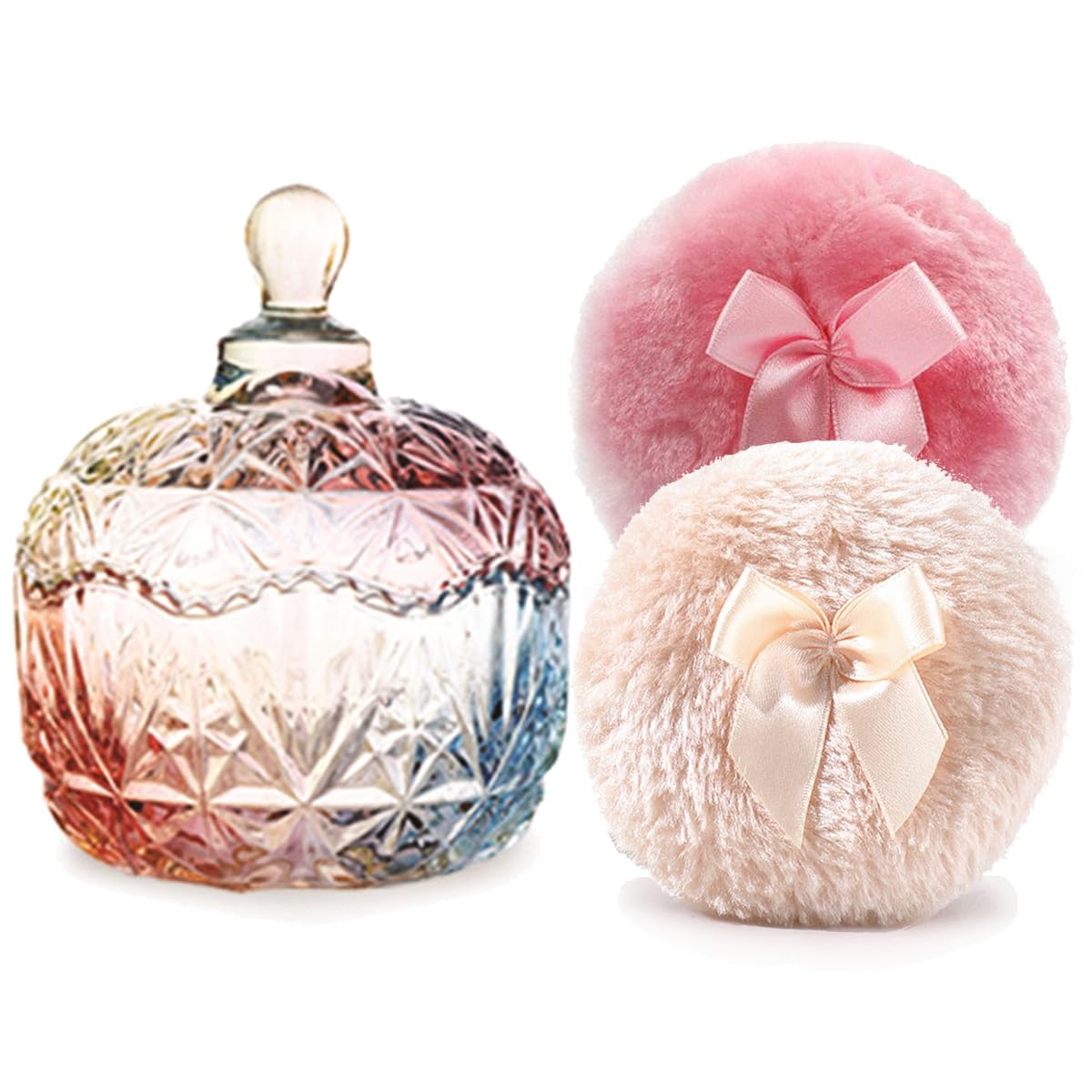 Luxury 4 Inch Glass Loose Powder Container with 2 Soft 3.5" Puffs｜Non-Sealed Refillable Organizer Storage for Body Powder Makeup & Jewelry & Setting Applicator(Crown-Colorful)