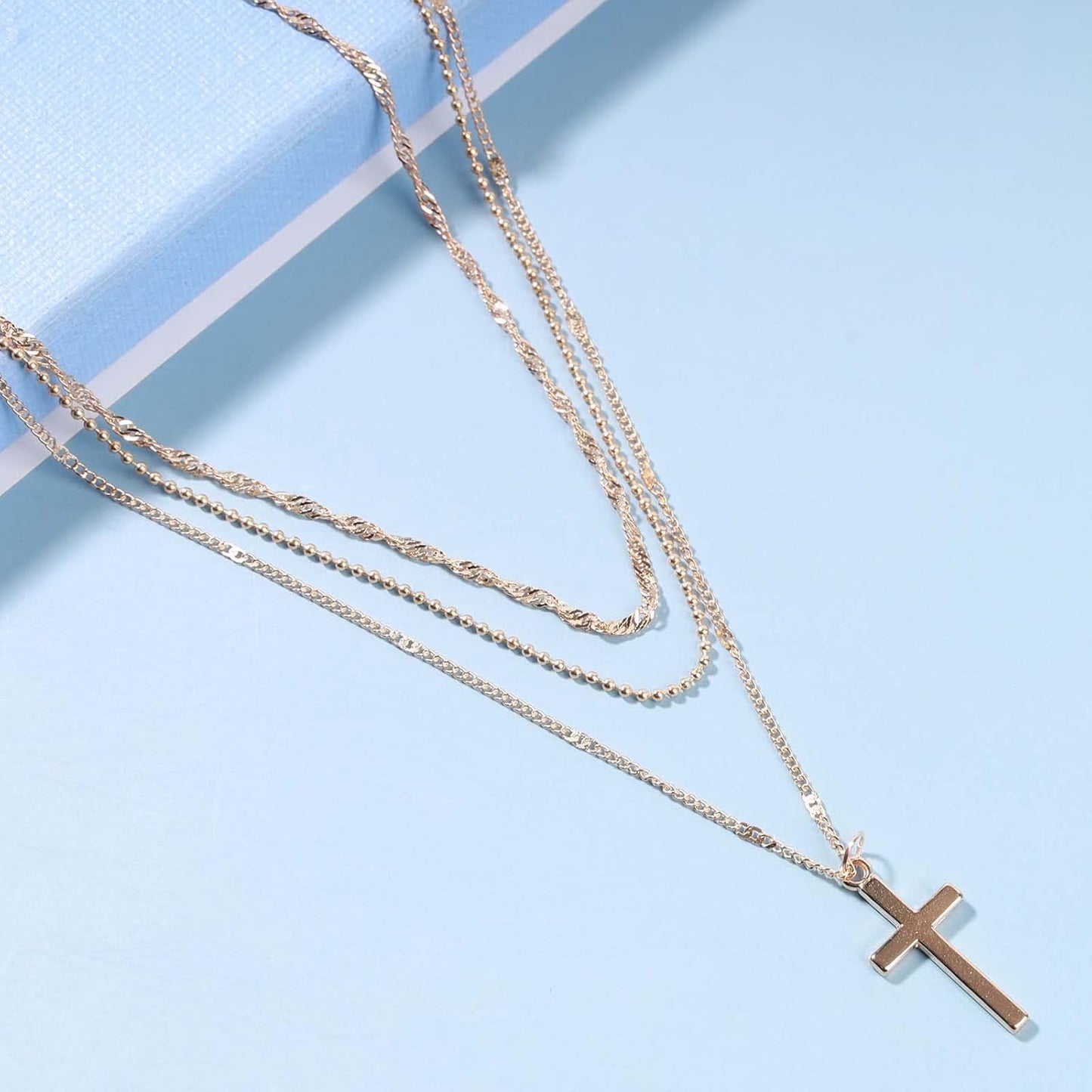 Boho Layered Cross Necklace Choker Gold Cross Pendant Necklace Vintage Multi Layer Necklace Skinny Twist Chain Necklace Jewelry for Women and Girls Religious Gift for Her