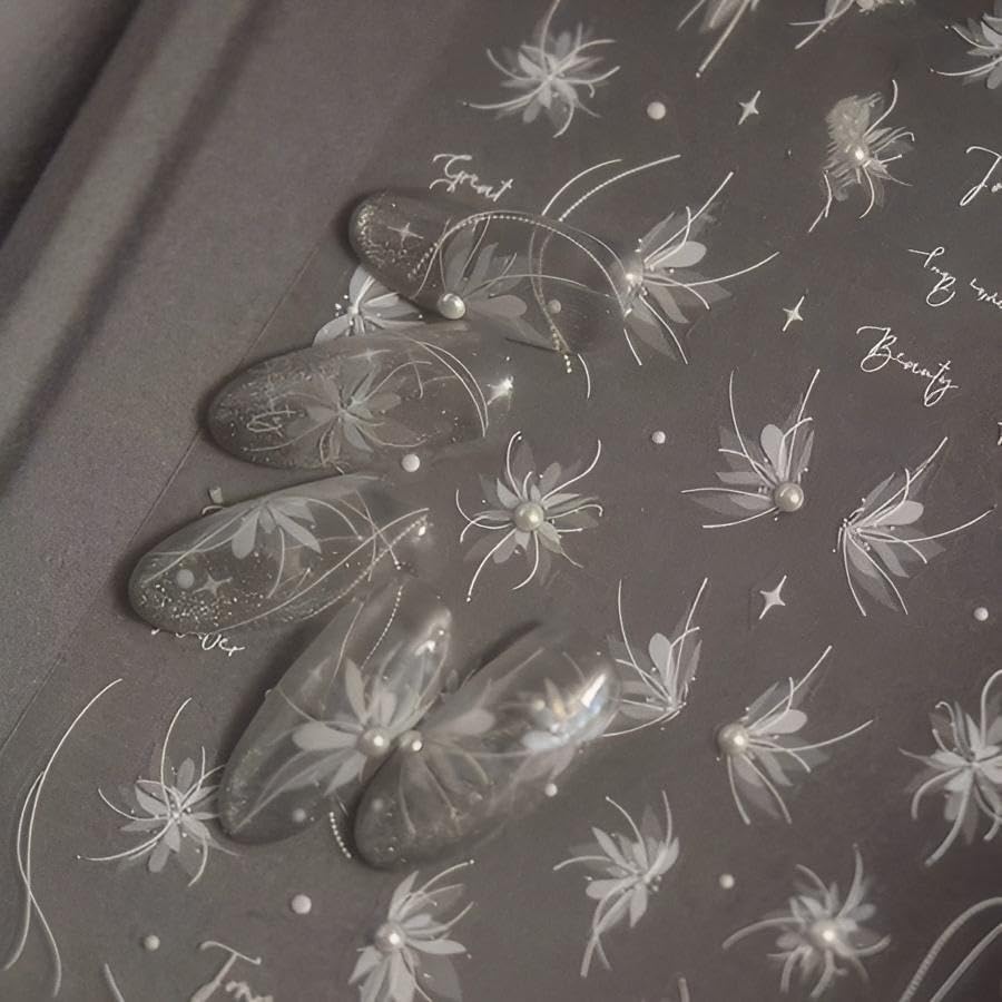 4 Sheets White Nail Art Stickers Decals Bow-tie Butterfly Nail Stickers 3D Self Adhesive with Pearls Nail Decals Supplies Nail Art Design Decoration Accessories for Women and Girls