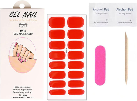 Red Semi Cured Gel Nail Strips Stickers Real Gel Polish Strips Supply 16Pcs Self-Adhesive Design Solid Color Nail Stickers for Women DIY Waterproof Manicure Kit Party Nails Decoration 1 Sheets