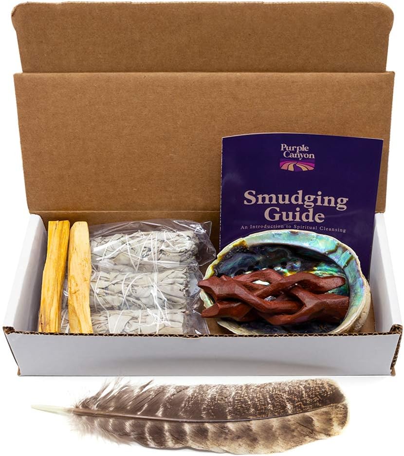 Purple Canyon Smudge Kit (Beginner's Gift Set) - 3 White Sage Smudge Sticks, 2 Palo Santo, Abalone Shell, Smudge Feather w/Stand + Smudging Guide for Home Cleansing & Healing Meditation Rituals