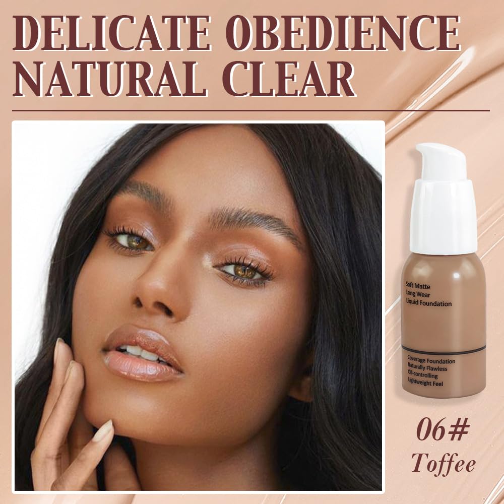 2Pcs Matte Liquid Full Coverage Foundation, Flawless Soft Matte 24HR Oil Control Full Coverage Foundation Makeup for Women, Long-Lasting Waterproof Full Coverage, 06#Toffee (06+06, Pack of 2)