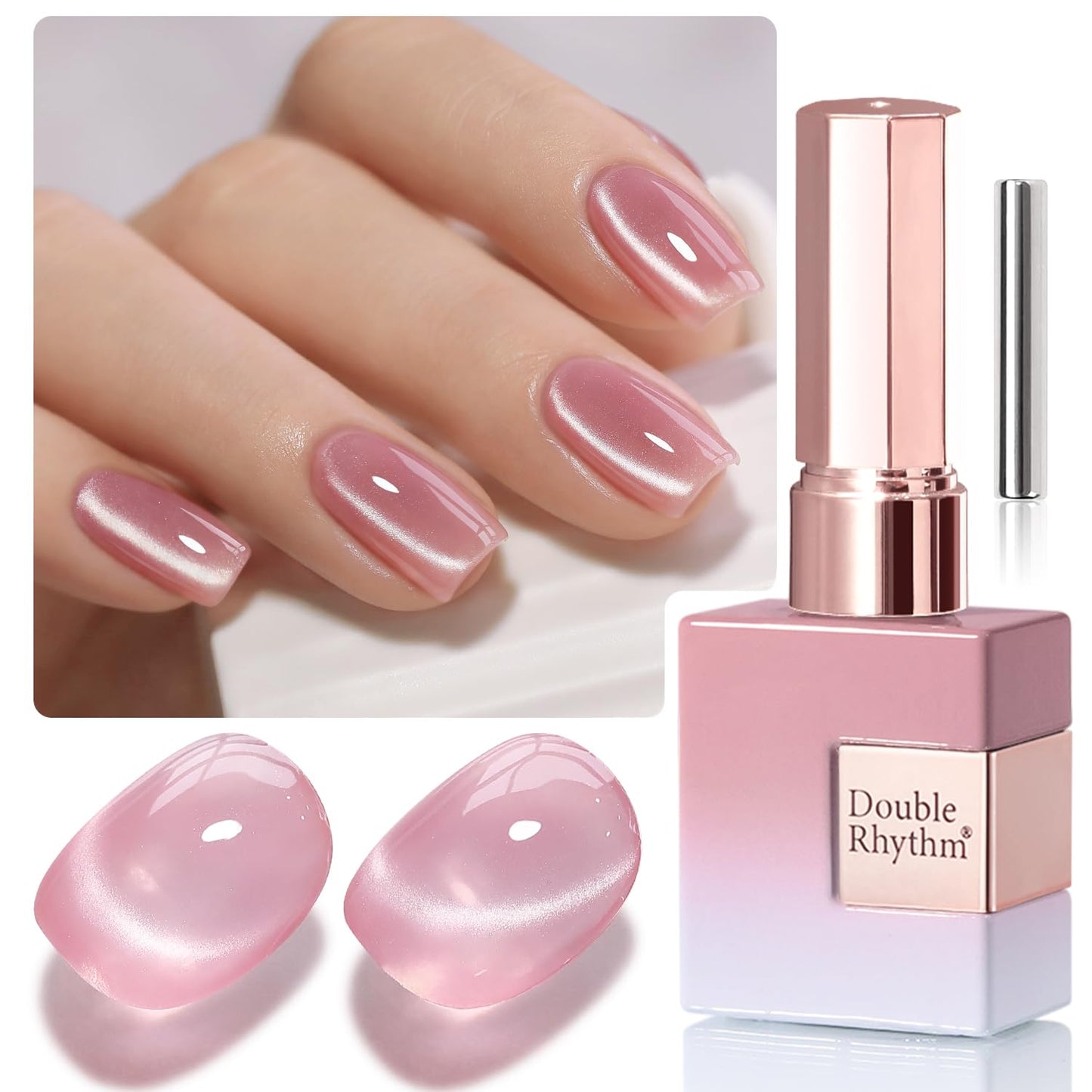 Double Rhythm 0.5 Oz Cat Eye Gel Polish with Magnet Same Color Same Bottle Holographic Glitter Shimmer Translucent Color Salon 15 ML Magnetic Nail Art (Rose Pink-MC1150)