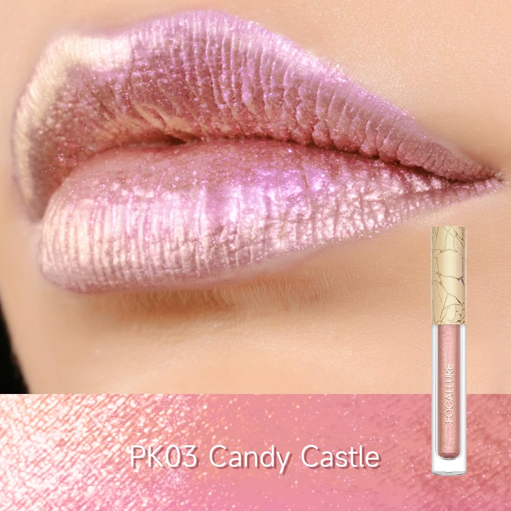 FOCALLURE Metallic Liquid Lipstick,Non Stick Cup Lip Gloss,High Impact Lip Color with Transfer-proof Wear,Long Lasting & Waterproof Lipstick Makeup for Women,PK03 Candy Castle