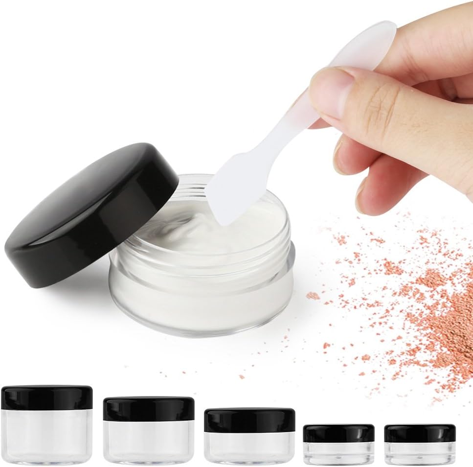 Accmor 20 Pieces Empty Clear Plastic Sample Containers with Lids 3/5/ 10/15/ 20 Gram Size Cosmetic Jars with 5 Pieces Mini Spatulas(random color)