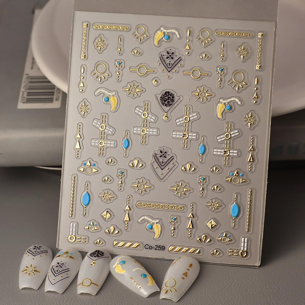 Gold Fall Nail Art Stickers 5D Embossed Geometric Bohemian Nail Stickers, Self-Adhesive Durable Nail Art Decals for Women Girls, Nail Wraps Decoration Manicure for DIY Acrylic Nail Accessories