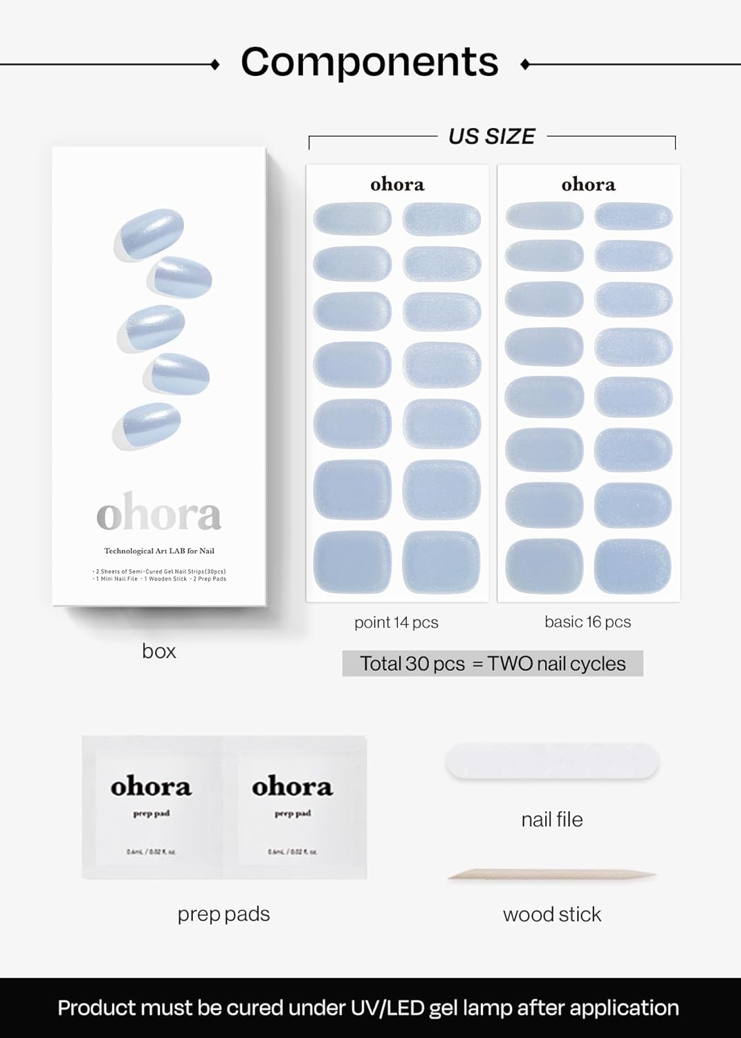 ohora Semi Cured Gel Nail Strips (N Light Blue Chrome) - Works with Any Lamps, Salon-Quality, Long Lasting, Easy to Apply & Remove - Includes 2 Prep Pads, Nail File & Wooden Stick