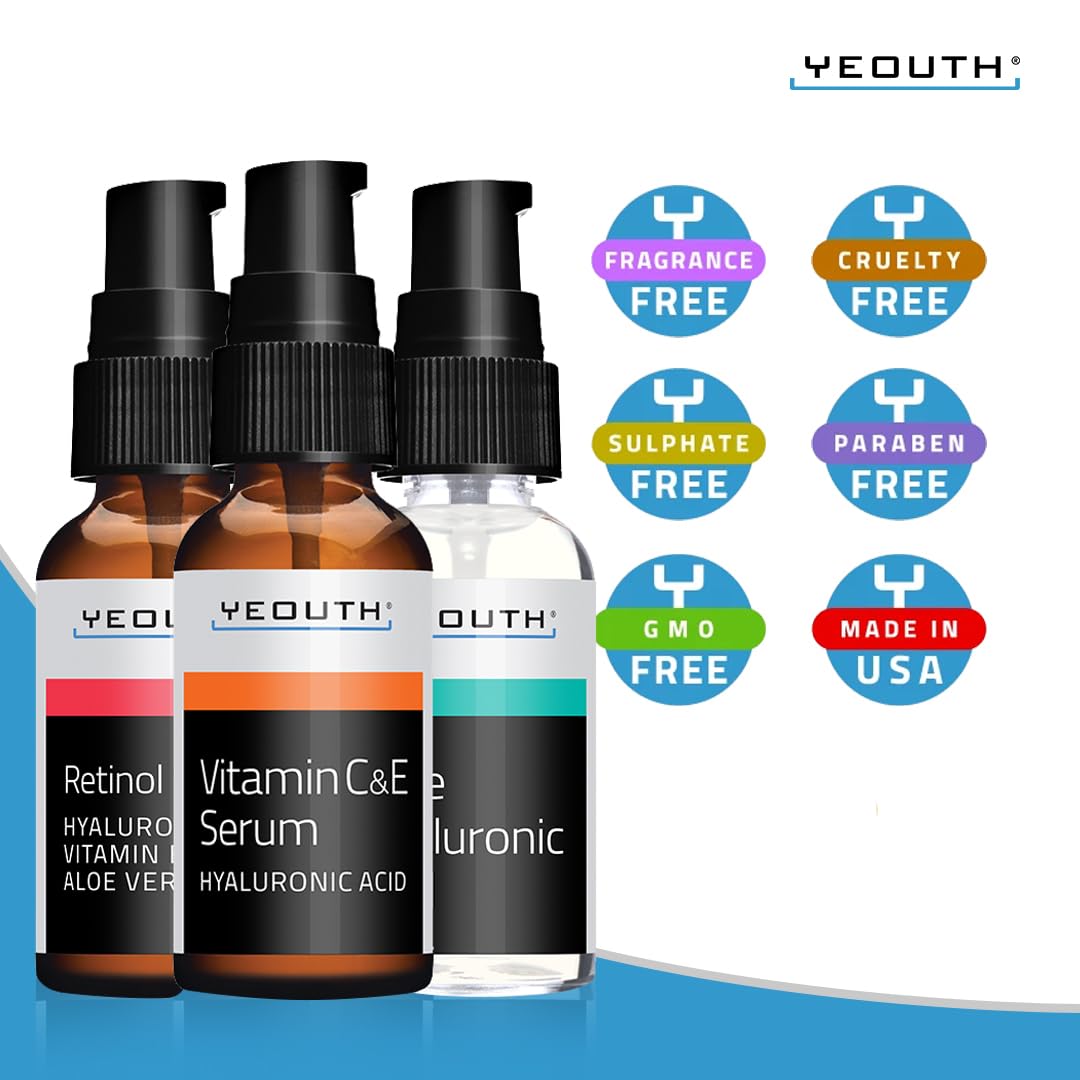 YEOUTH Retinol Serum for Face, Vitamin C Serum for Face with Hyaluronic Acid Serum for Face, Retinol for Face Serum, Vitamin C Face Serum for Women, Skin Care Set 3x1 oz