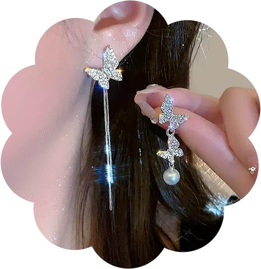 Vintage Crystal Butterfly Drop Earrings Rhinestone Pearl Dangle Earrings Long Butterfly Chain Earrings Silver Pearl Butterfly Earrings Jewelry for Women
