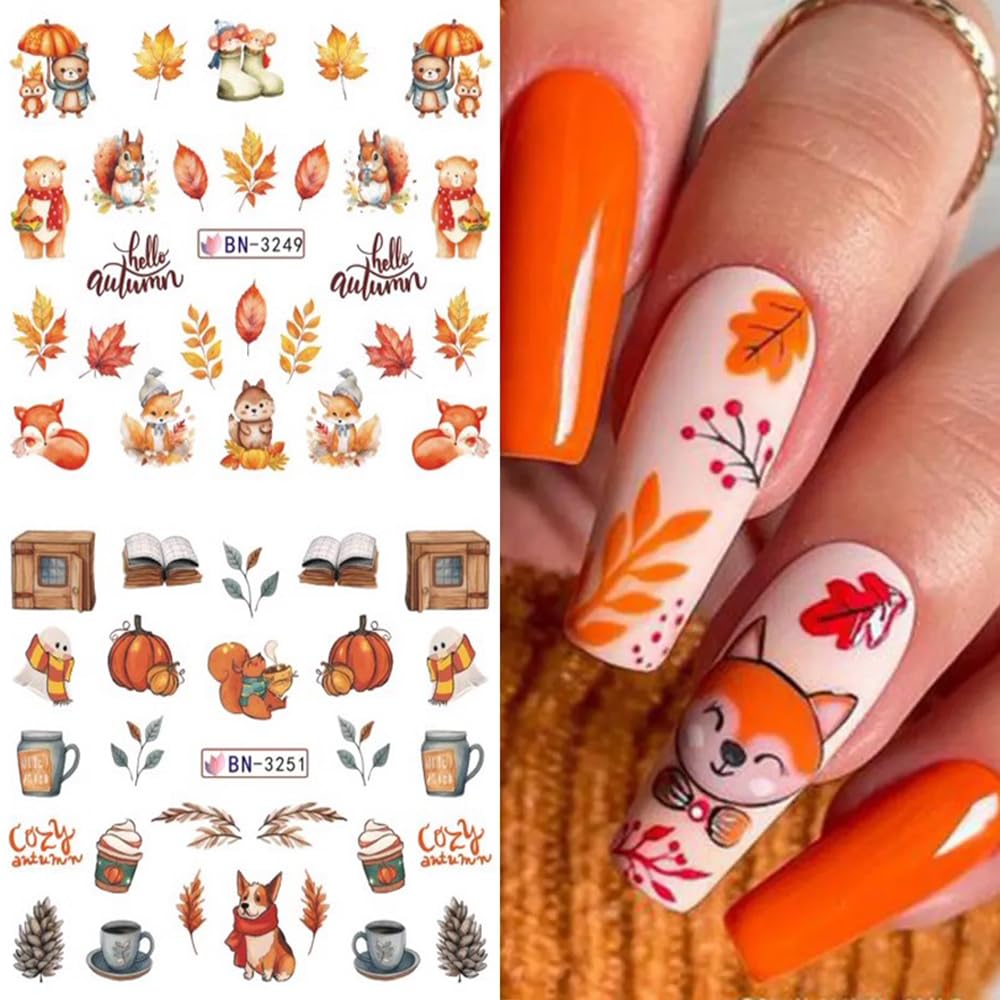 Fall Maple Leaf Nail Art Stickers for Thanksgiving Day Accessories - Autumn Water Transfer Decals With Fall Harvest Pumpkin Squirrel Bird Watermark Slider Foils for Women