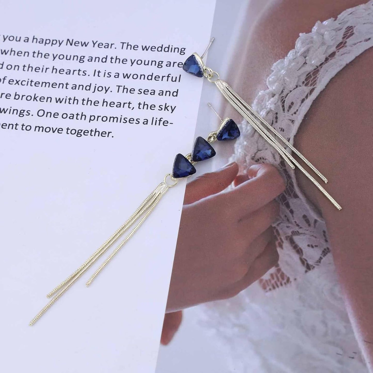 Vintage Sapphire Dangle Earrings Long Blue Crystal Chain Earrings Sapphire Tassel Drop Earrings Gold Sleek Metal Chain Earrings Jewelry for Women