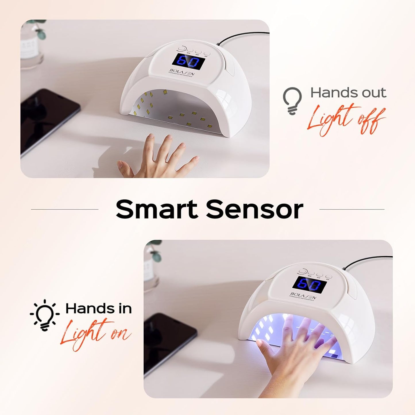 BOLASEN Professional Gel UV Nail Lamp with Metal Base, True 80W LED Nail Dryer for Gel Polish, UV Light for Gel Nails, Fast Curing Lamp with 4 Timers, Auto Sensor, LED Display, i2 Plus (Plug-in White)