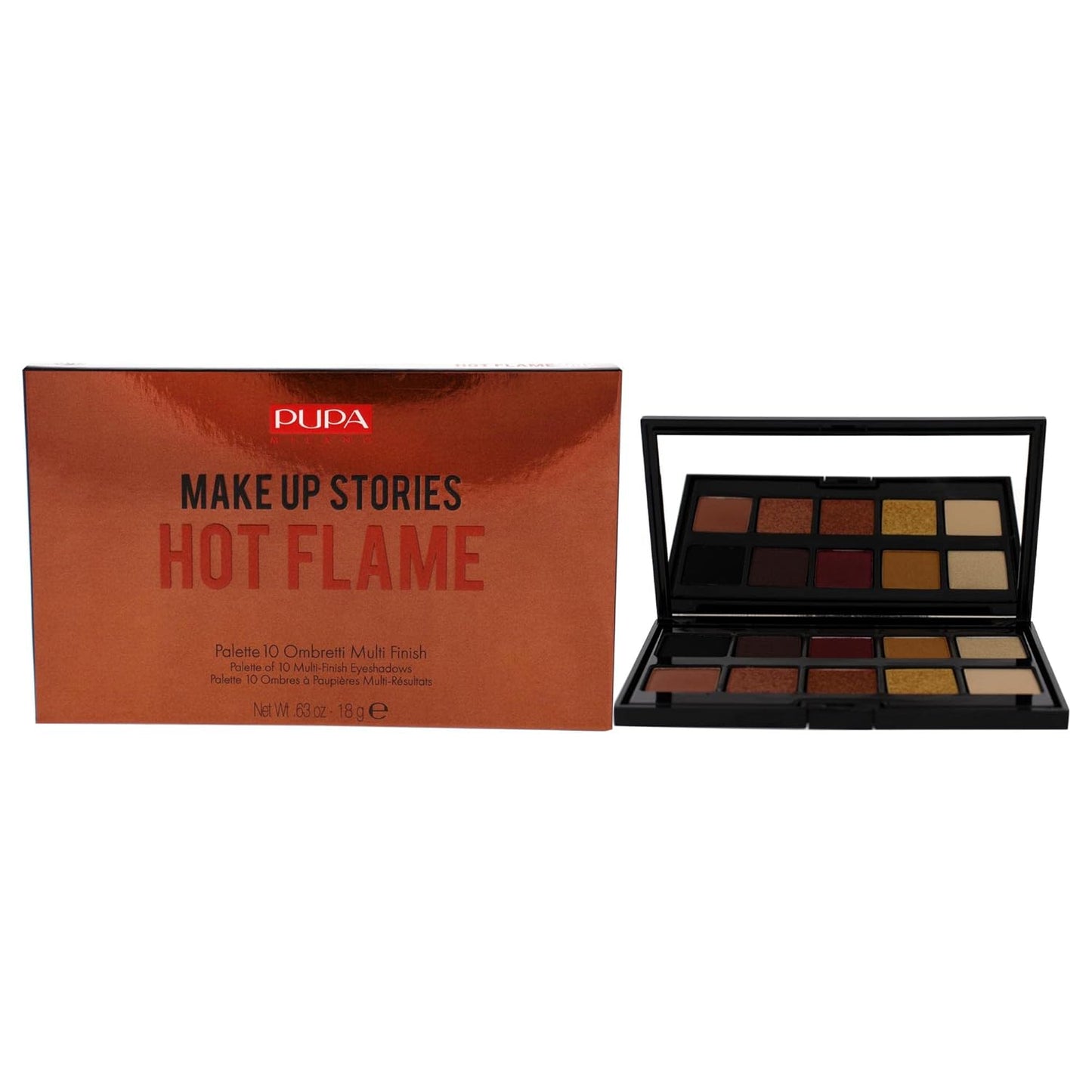 Pupa Milano Make Up Stories Eyeshadow Palette 002 Hot Flame - 10-Shade Shadow Collection with Matte, Satin, and Metallic Color Options - High Pigment Formula - Soft, Blendable Texture - 0.63 oz