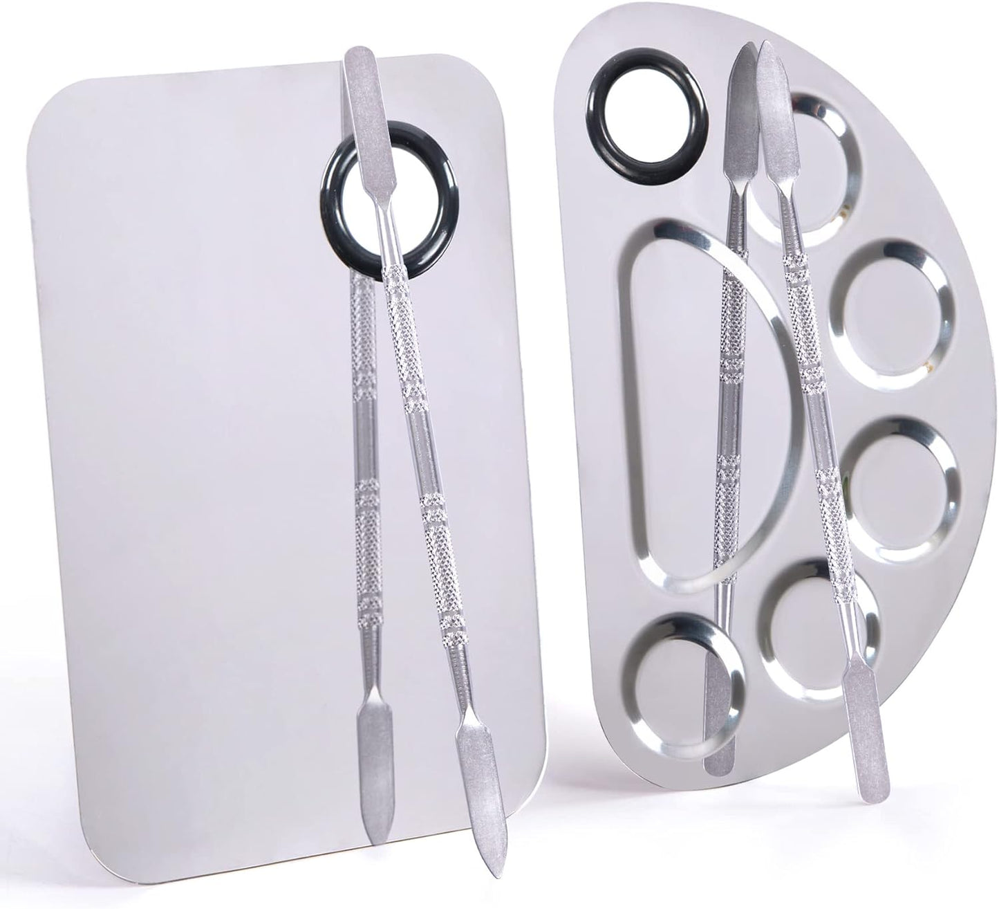 Makeup Palette, Makeup Mixing Palette, Stainless Steel Metal Foundation Palette with Spatula Artist Tool for Mixing Foundation Nail-Art, Cosmetic Mixing Makeup Palette, Makeup Plate, 6×4"/Silver/2pcs