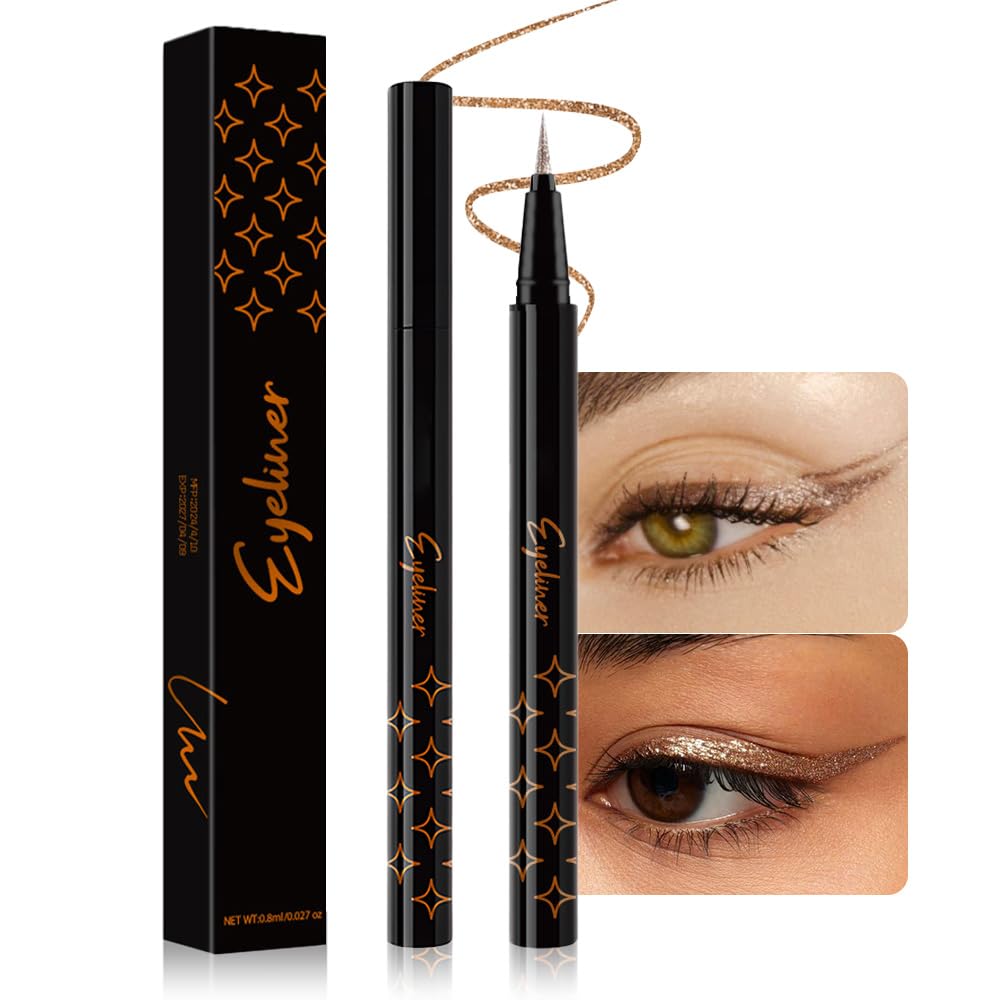 Bronze Brown Metallic Glitter Liquid Eyeliner Waterproof Pen – Long-Lasting Sparkly Waterproof Eyeliner for Women & Men – Tattoo-Effect Eye Makeup for Parties – Delineador Líquido con Brillo 03