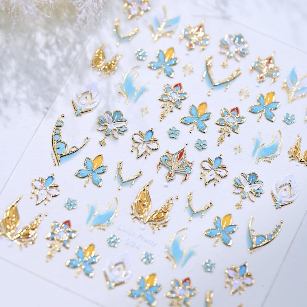 1 Sheet Flower Nail Stickers 5D Embossed Blue Gold Floral Nail Decals 3D Self-Adhesive New Chinese Style Nail Supplies Aurora Lotus Flower Nails Designs for Women Girls DIY Manicure