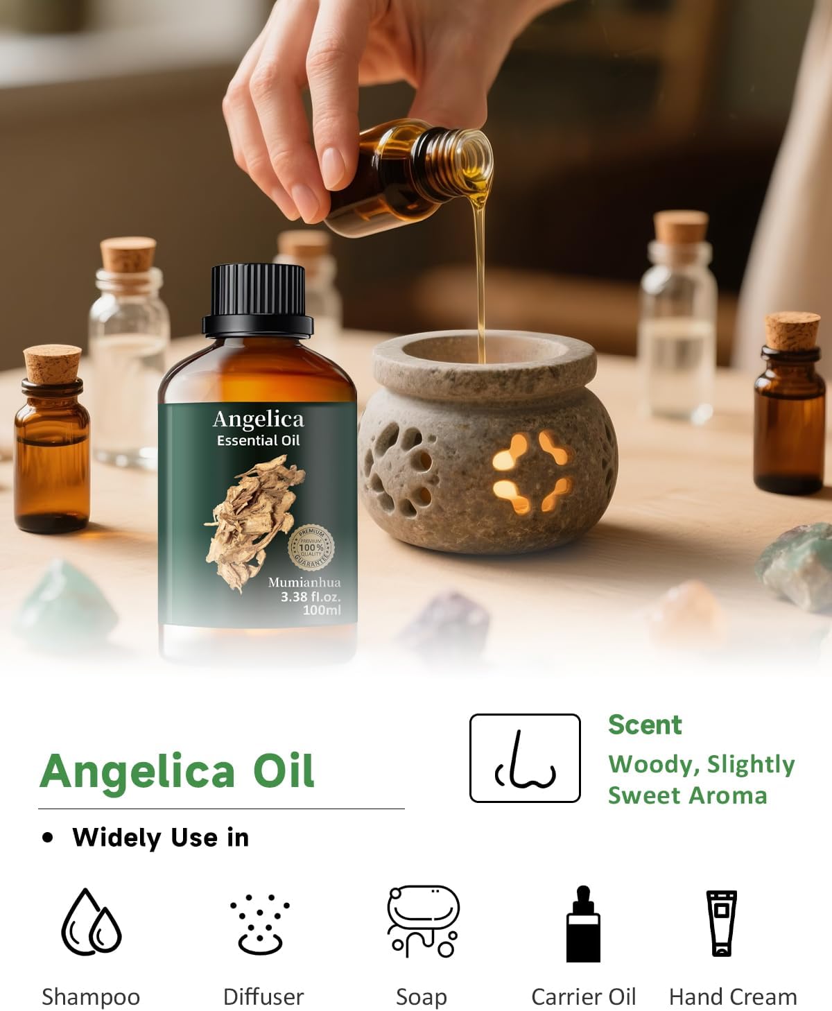Angelica Root Essential Oil Pure Mumianhua Natural Angelica Oil for Diffuser, Aromatherapy, Skin, Hair, Massage & Candle Making 3.38 Fl Oz